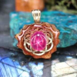 Third Eye Pinecones Strawberry Star Sapphire with Gold Seed of Life Mini Pendant